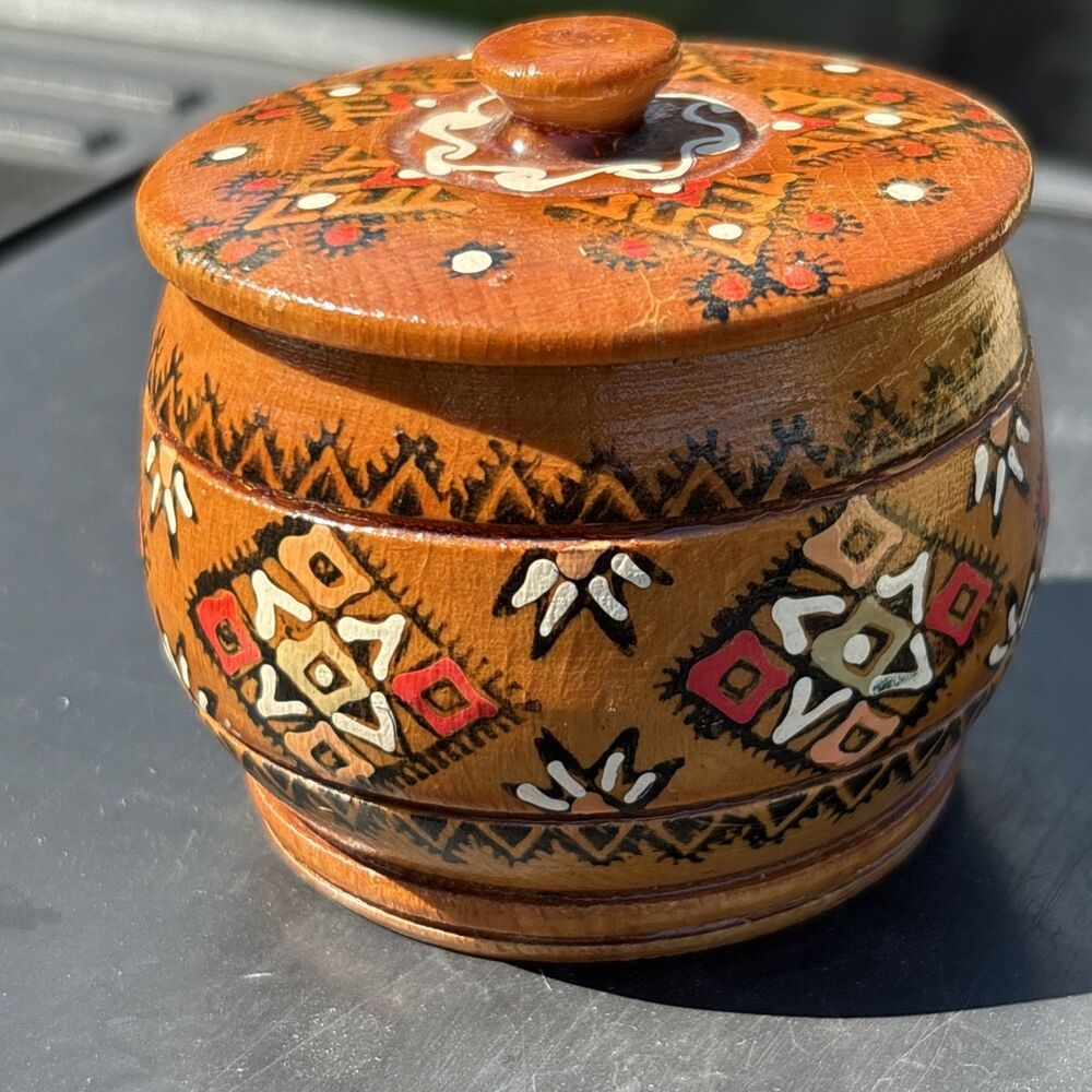 Vintage Ukrainian Hardwood Handmade Hand Painted Unique Trinket Box With Lid